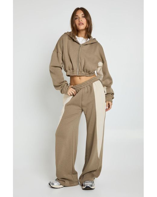 Boohoo Natural Contrast Panel Zip Through Hoodie Wide Leg Jogger Tracksuit