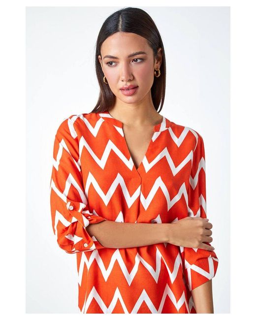 Roman Orange Zig Zag Print V-Neck Pleat Detail Tunic Top