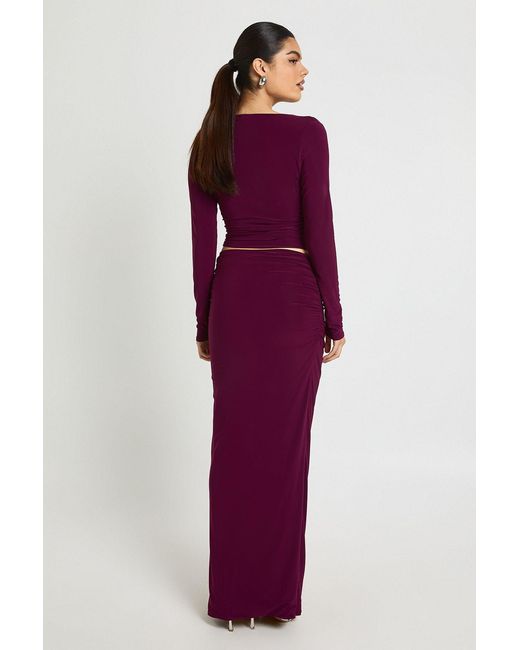 Boohoo Red Double Layer Slinky Ruhed Front Maxi Skirt