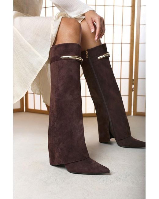 Where's That From Brown Wheres Nareva Fold Over Shark Block Heel Point Toe Boots With Trim Detail