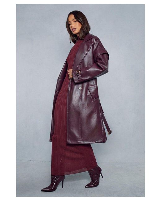 MissPap Purple Textured Leather Oversized Longline Trench Coat