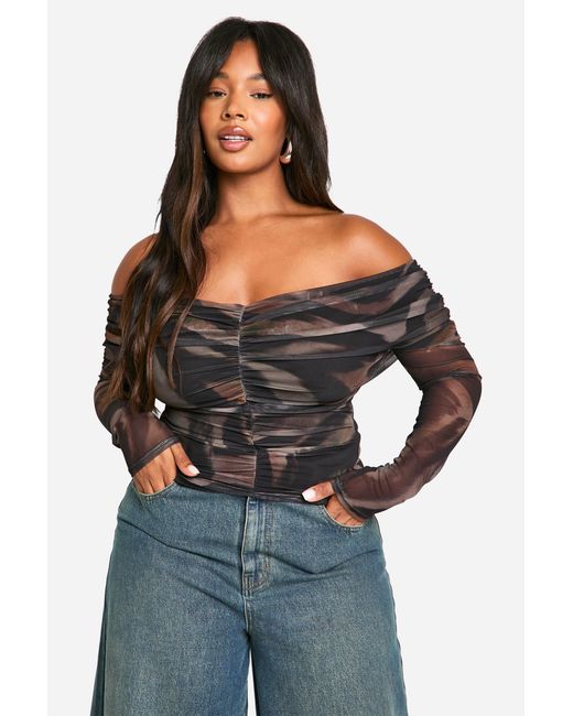 Boohoo Gray Plus Animal Ruched Front Bardot Long Sleeve Top