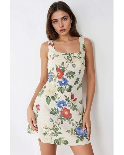 Hiccup Multicolor Square Neck Flower Pattern Linen Feel Mini Dress