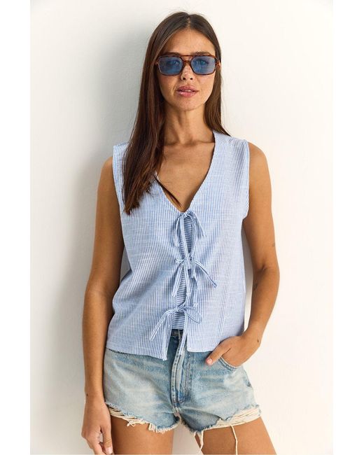 Bianco Lucci Blue Striped V-Neck Blouse With Tie Detail