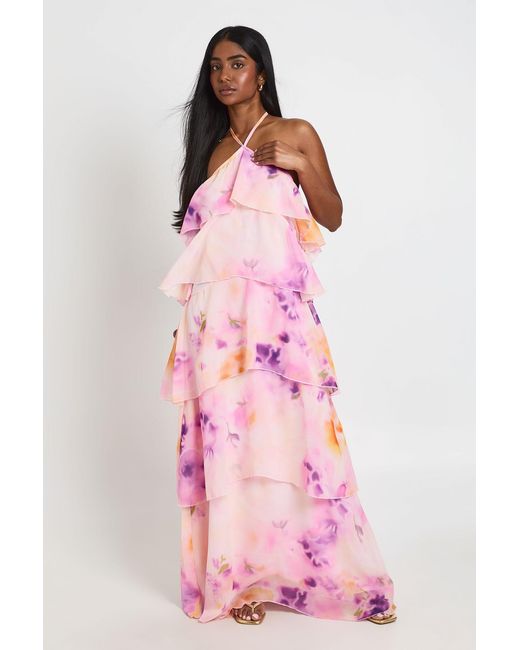 Boohoo Pink Chiffon Floral Tiered Halterneck Maxi Dress