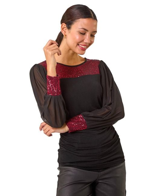 Roman Black Sequin Yoke Mesh Sleeve Top