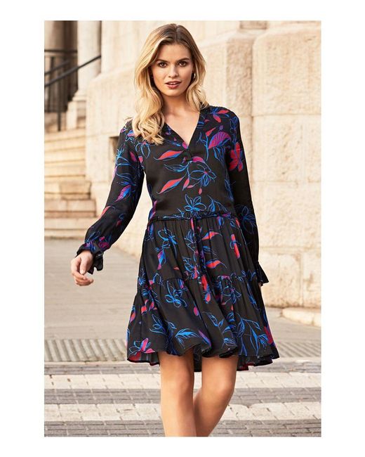Sosandar Blue Floral Print Drawstring Waist Tunic Dress