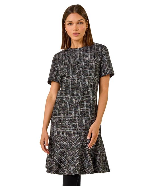 Roman Black Textured Frill Hem Stretch Dress