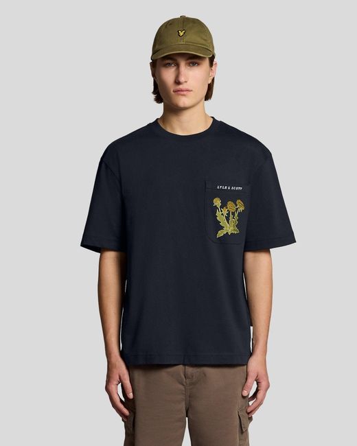 Lyle & Scott Blue Botanical Embroidered Pocket T-Shirt for men