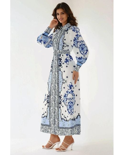 Hiccup Blue Printed Long Sleeve Maxi Dress With Belt