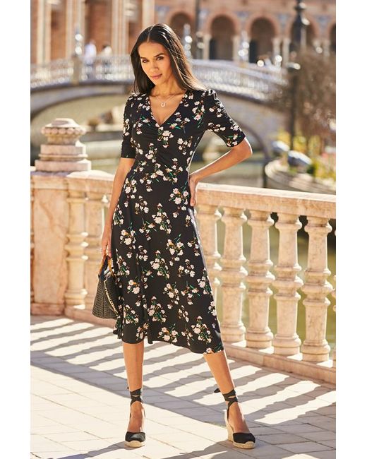 Sosandar Metallic Print Ruched Front Midi Jersey Dress