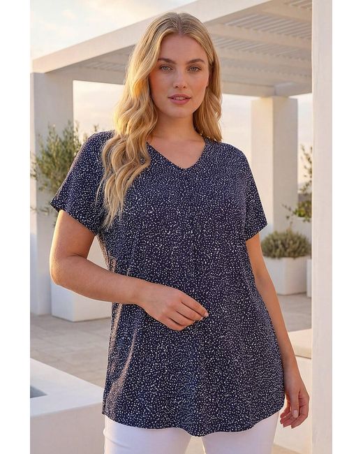 Roman Blue Ditsy Spot Print V-Neck Stretch Top