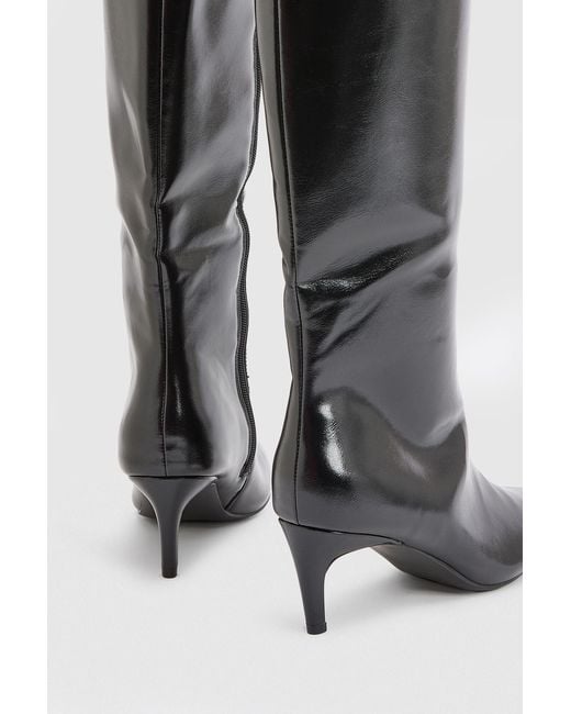 Faith Black Trixie Faux Leather Medium Stiletto Heel High Leg Boots