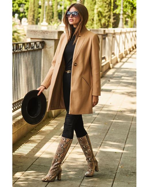 Sosandar Metallic Camel Faux Wool Notch Neck Coat
