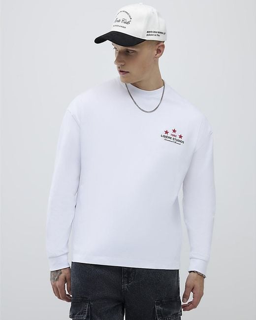 River Island White T-Shirt Long Sleeve Lisiere 1992 Cotton for men