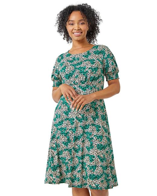 Roman Petite Green Shirred Sleeve Floral Dress