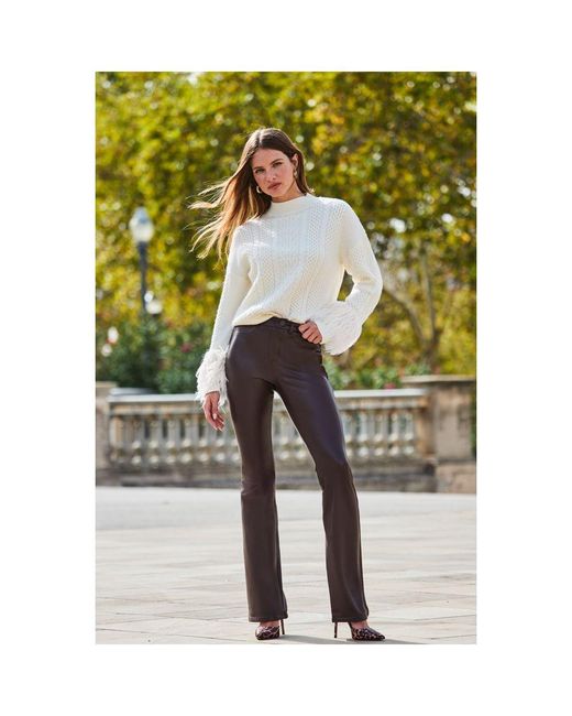 Sosandar Green Cable High Neck Faux Fur Cuff Jumper