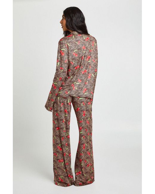 Boohoo Multicolor Tall Cherries & Print Long Sleeve Shirt & Trouser Pyjama Set