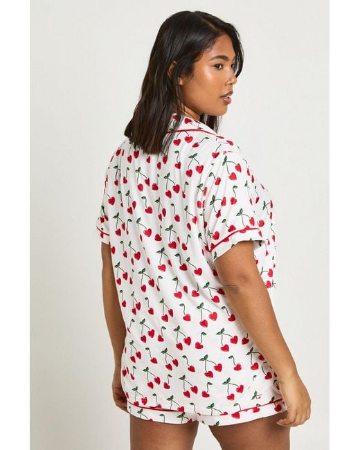 Boohoo White Plus Heart Cherry Print Short Sleeve Shirt & Pyjama Set