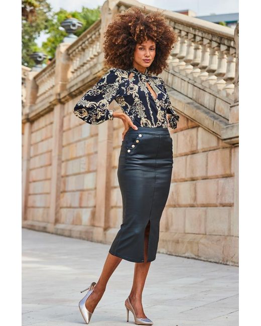 Sosandar Black Coated Pencil Skirt With Button Detail