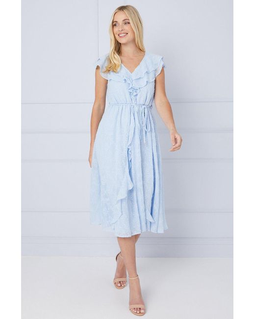 Wallis Blue Petite Jacquard Ruffle Detail Tie Midi Dress