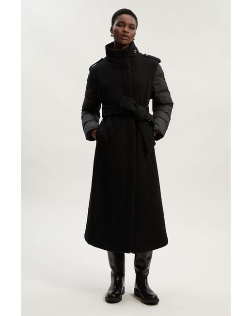 Karen Millen Black Wool Hybrid Puffer High Neck Belted Midi Coat