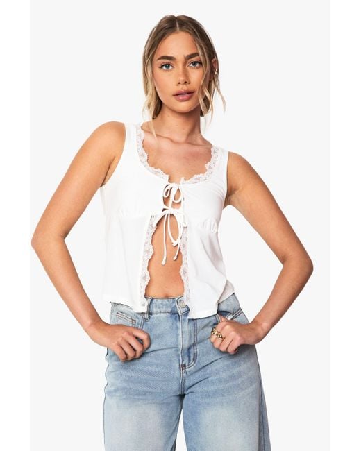 Boohoo White Slinky Lace Trim Tie Front Milmaid Top