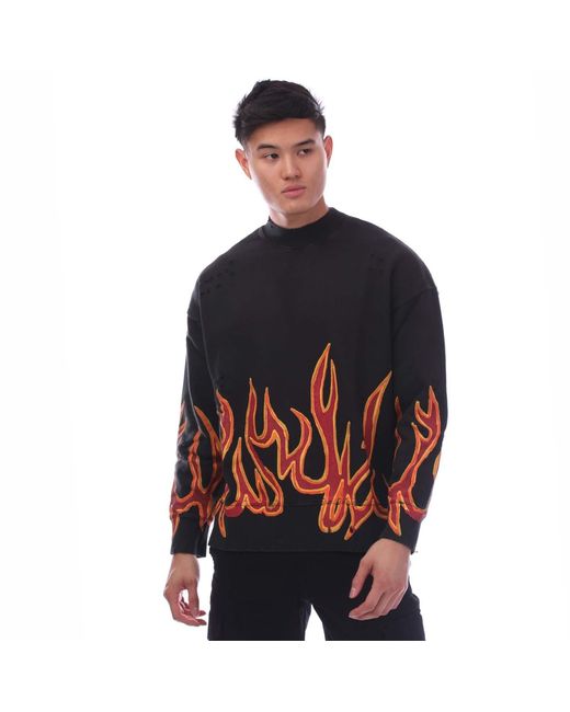 Palm Angels Blue Garment Dye Graffiti Flames Crewneck Sweatshirt for men