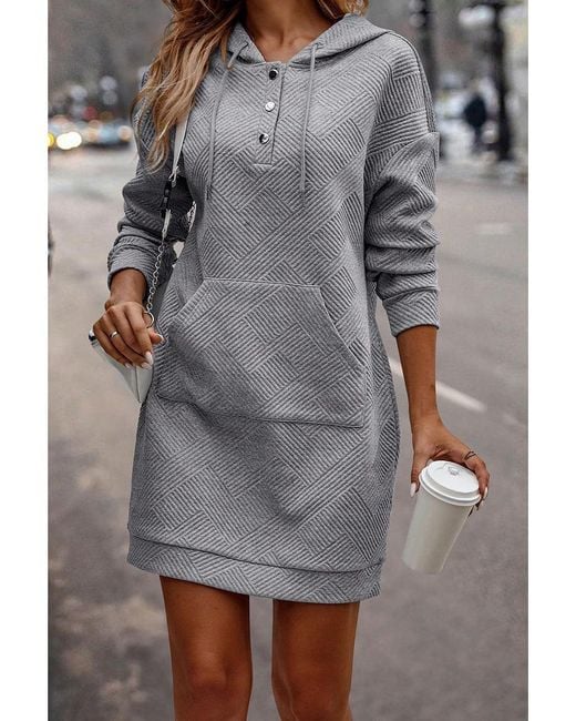 Azura Exchange Gray Textured Kangaroo Pocket Drawstring Hooded Mini Dress