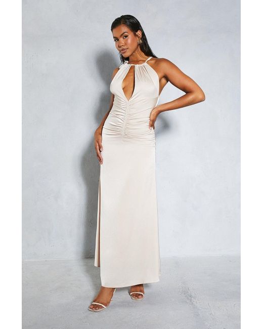 MissPap White Satin Halterneck Ruched Front Maxi Dress