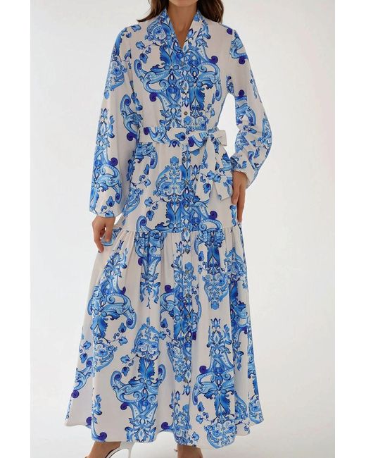 Hiccup Blue Printed Long Sleeve Maxi Dress With Belt