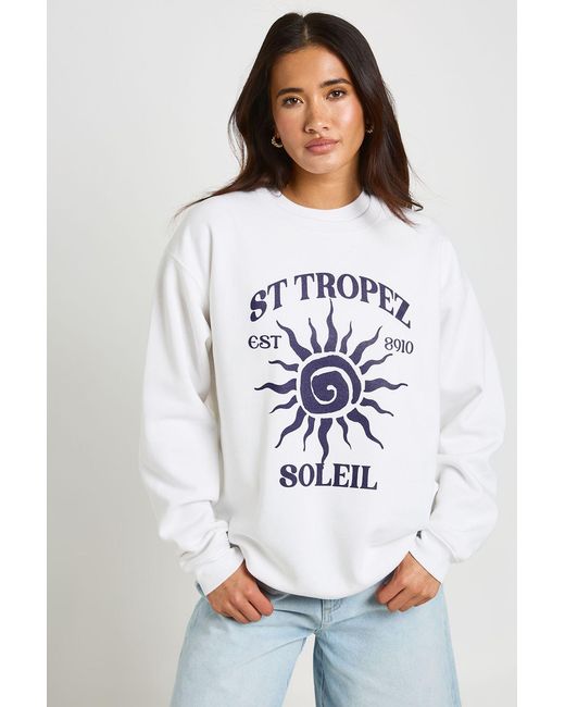Boohoo White St Tropez Printed Oversized Sweatshirt