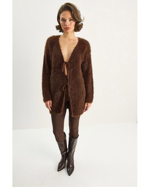 Bianco Lucci Brown Textured V-Neck Midi Cardigan With Tie Closure