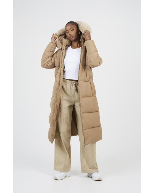 Brave Soul Natural Maxi Hooded Padded Jacket With Detachable Faux Fur Trim Cotton
