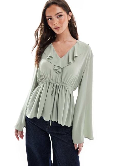 ASOS Gray V Neck Frill Top With Peplum Hem