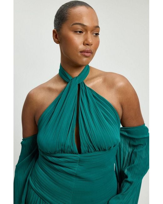 Karen Millen Green Plus Size Crinkle Cold Shoulder Georgette Woven Maxi Dress