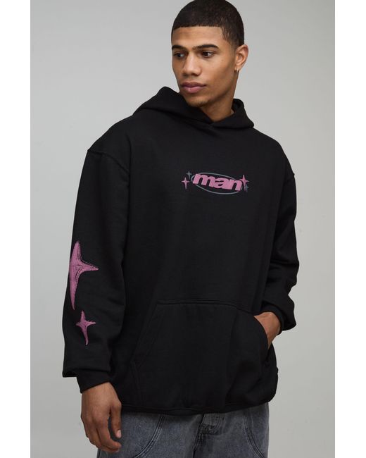BoohooMAN Black Oversized Star Puff Printed Hoodie for men