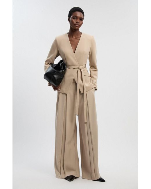 Karen Millen Natural Polished Tailored Pleated Wide Leg Belted Trouser