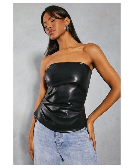 MissPap Gray Leather Look Ruched Bandeau Top