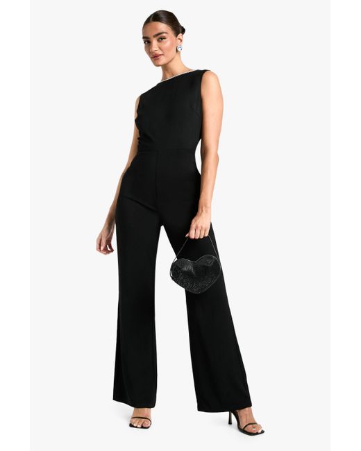 Boohoo Black Diamante Trim Low Back Jumpsuit