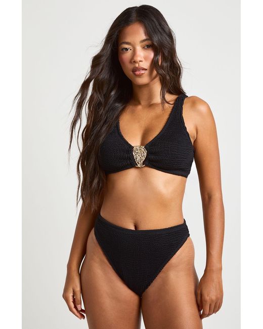 Boohoo Black Crinkle Detail Scoop Bikini Top And High Waist Bottom Set