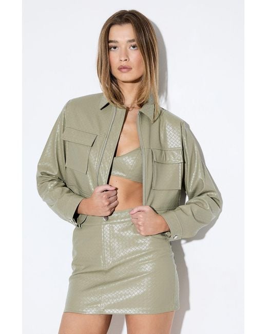 MissPap Green Woven Detail Faux Leather Mini Skirt