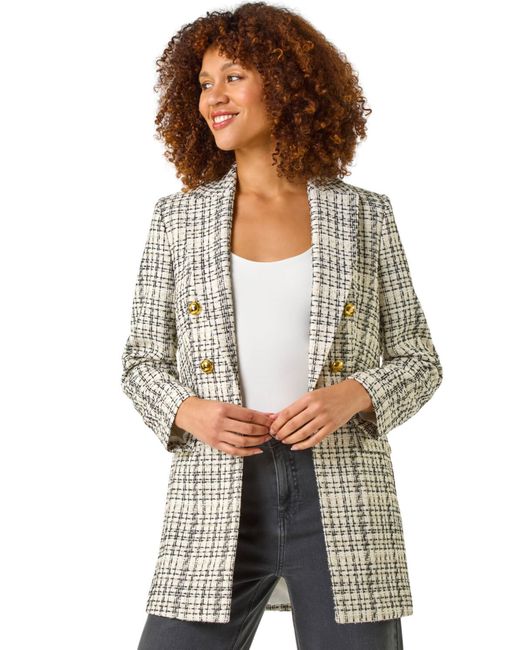 Roman Gray Longline Checkered Boucle Jacket
