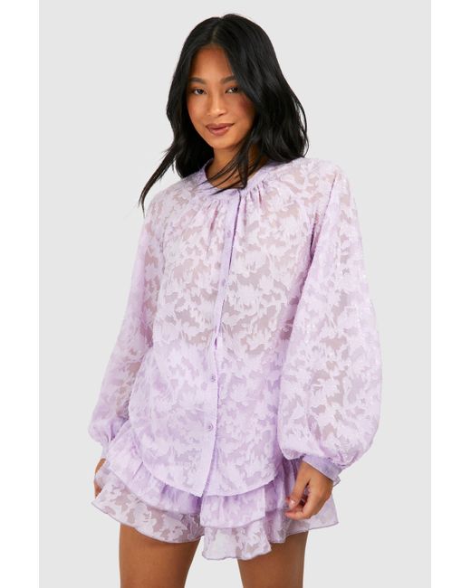 Boohoo Purple Petite Sheer Textured Fabric Beach Shirt