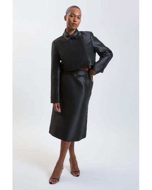Karen Millen Black Plus Size Forever Satin Twill Belted Tailored Midi Skirt