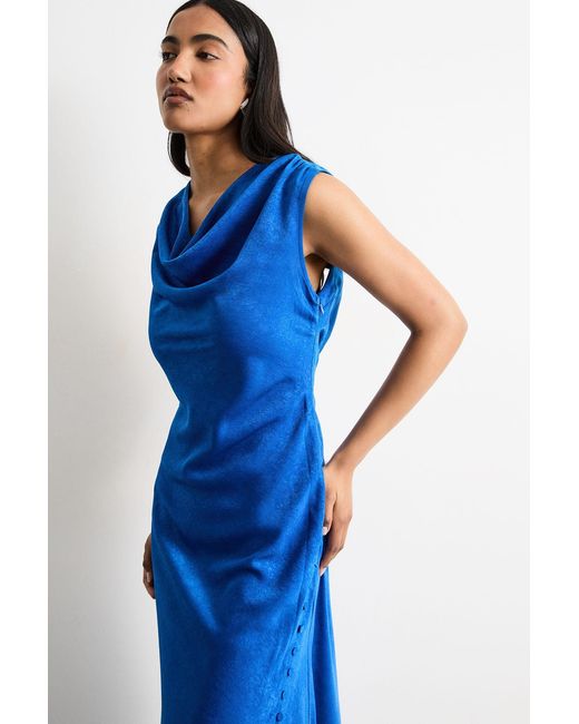 Warehouse Blue Cowl Bias Satin Dress With Button Detail