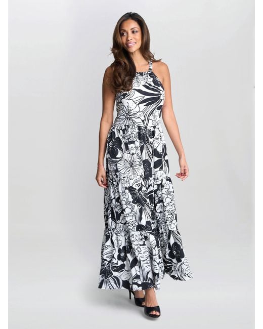 Gina Bacconi White Dina Halter Crepe Printed Maxi Dress