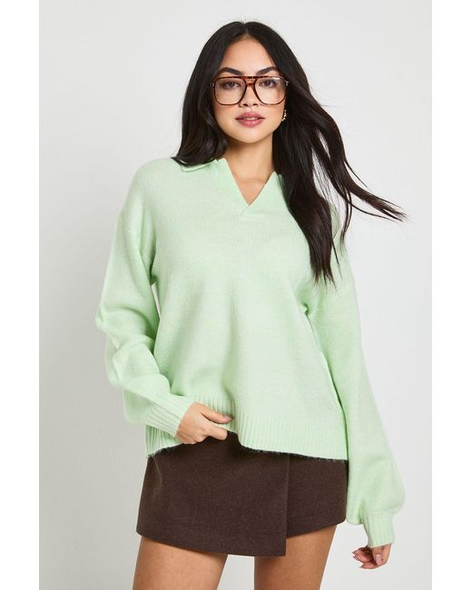 Boohoo Green Super Soft V Neck Collared Knitted Jumper
