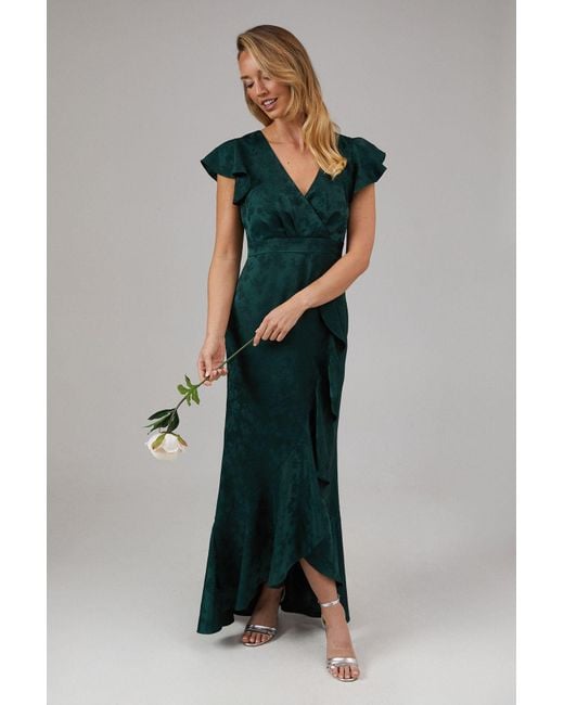 Oasis Green Satin Jacquard Ruffle Hem Midaxi Bridesmaids Dress