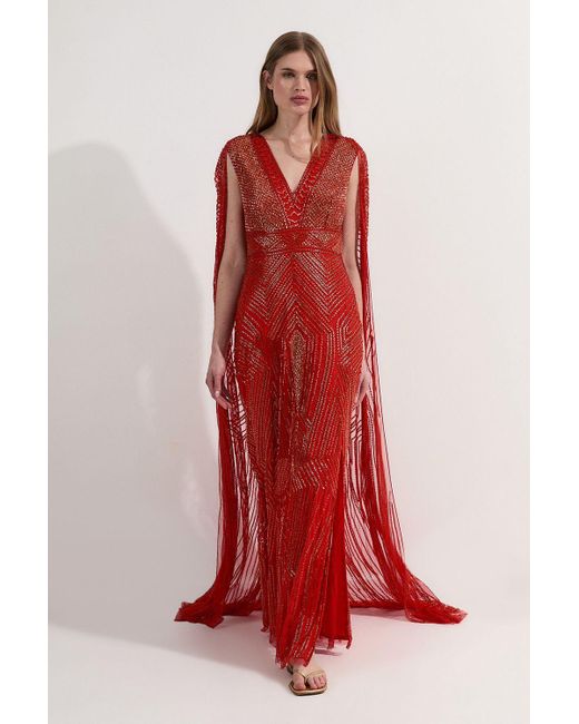 Karen Millen Red Premium Embellished Caped Maxi Dress